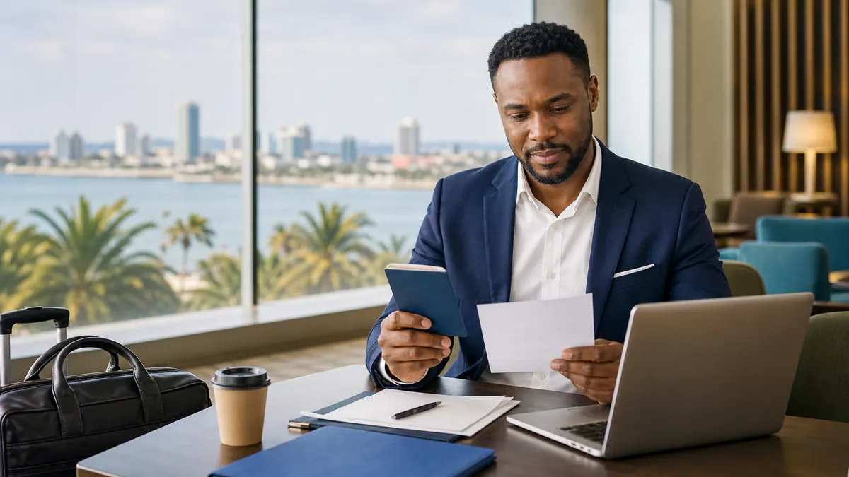 Business traveller reviewing passport and assignment documents for a Tanzania Business Visa