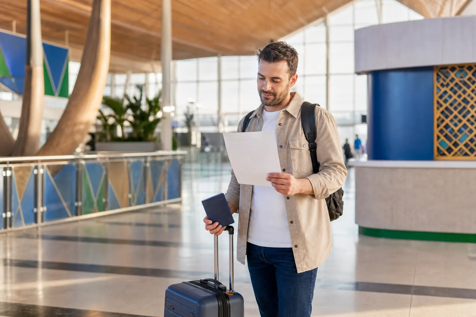 Traveller comparing Tanzania eVisa preparation with the visa on arrival process at an airport
